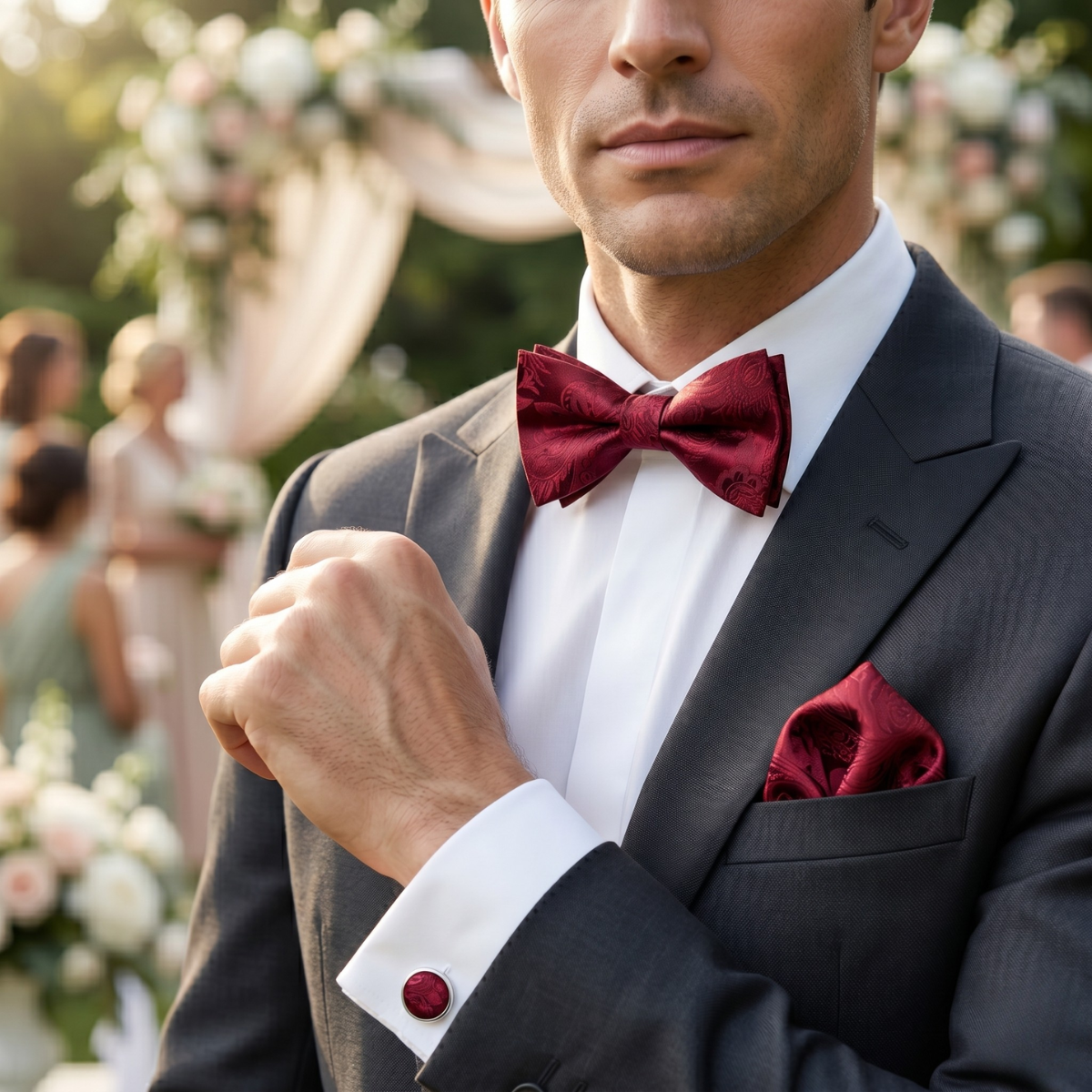 The Ashbury Men’s Bow Tie with Pocket Square & Cufflinks Set – Burgundy Paisley