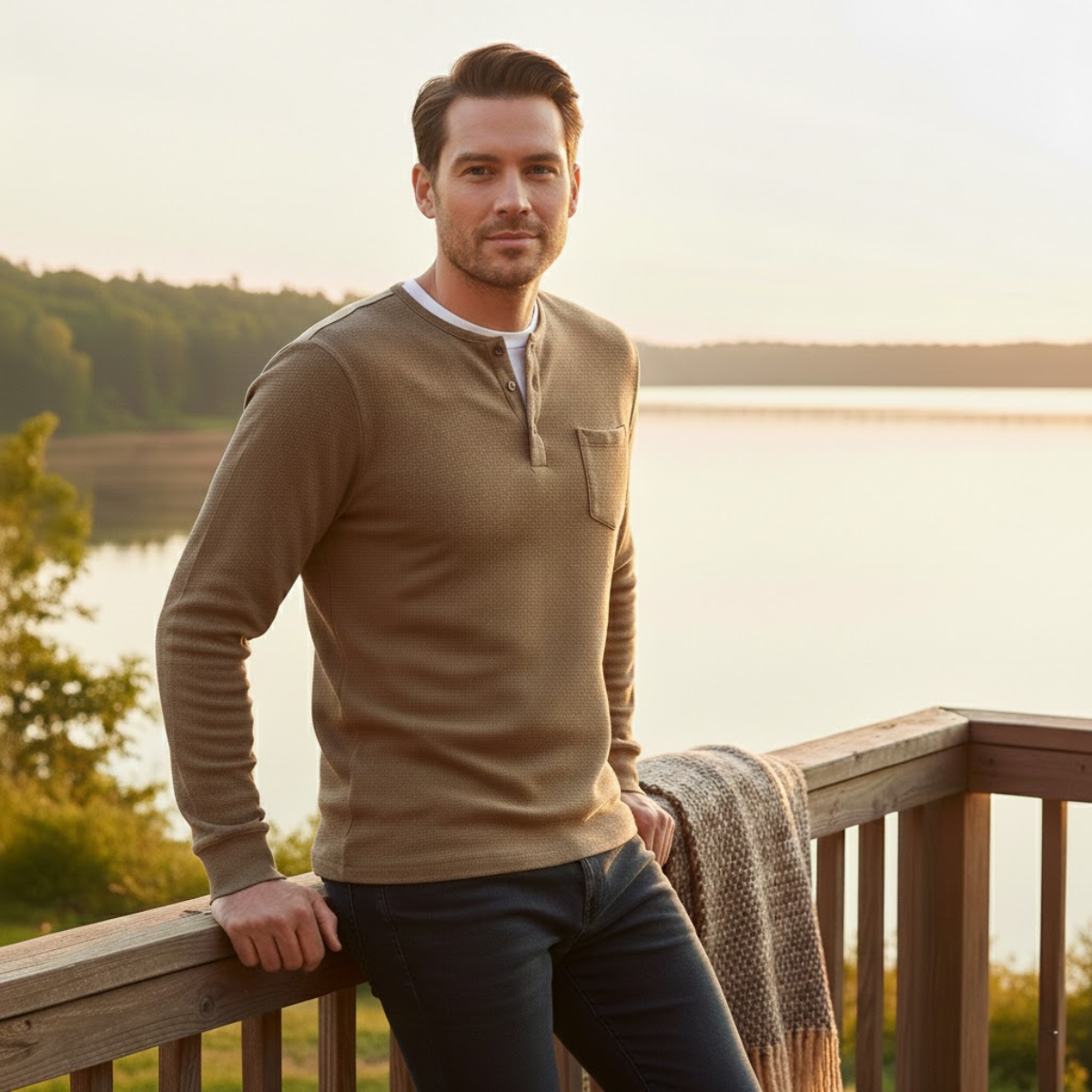 The Glencrest Creek Men’s Waffle Henley Buttop Up Trendy T Shirt