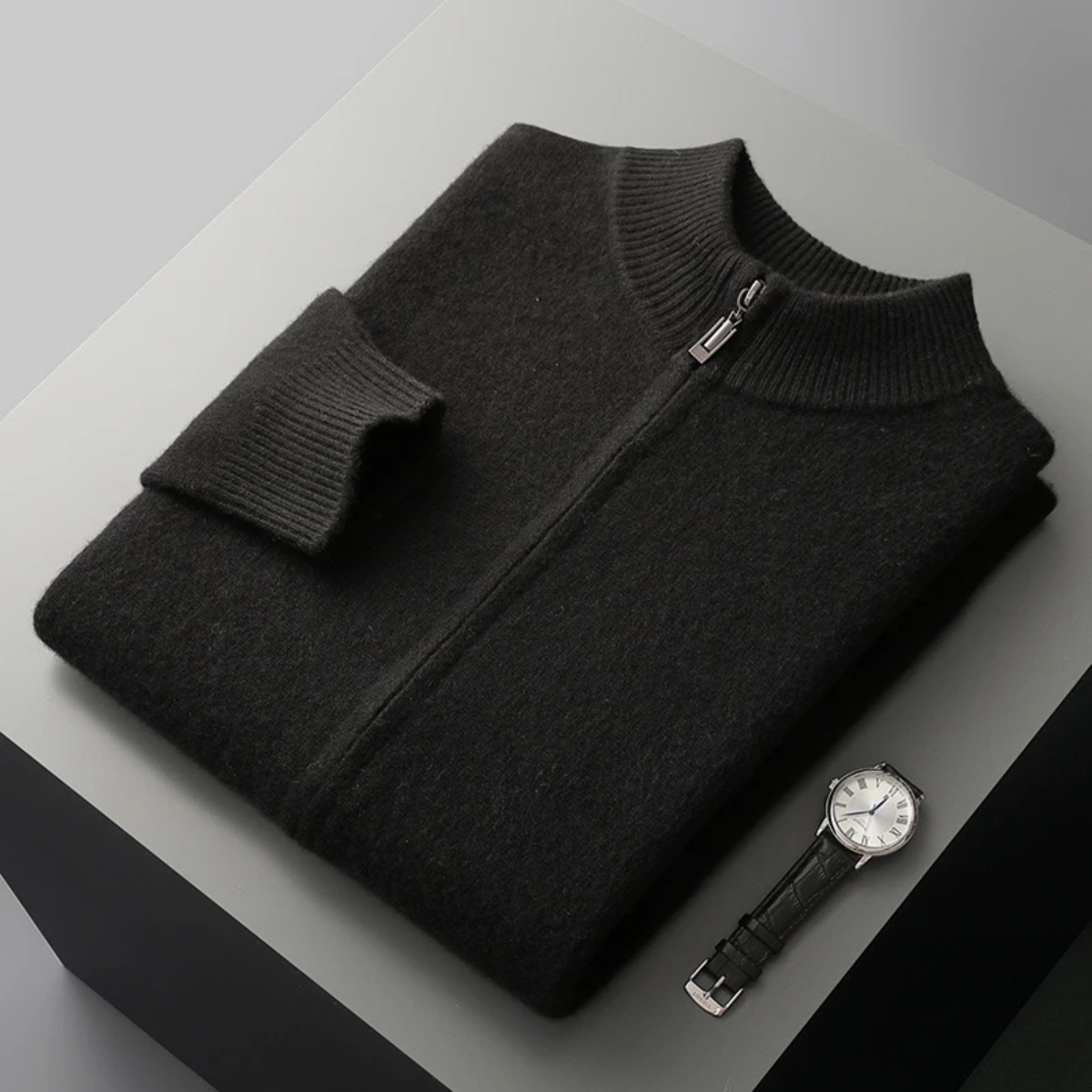 The Maplecrest Men's Merino  Mock Neck Cashmere Zip Up Cardigan