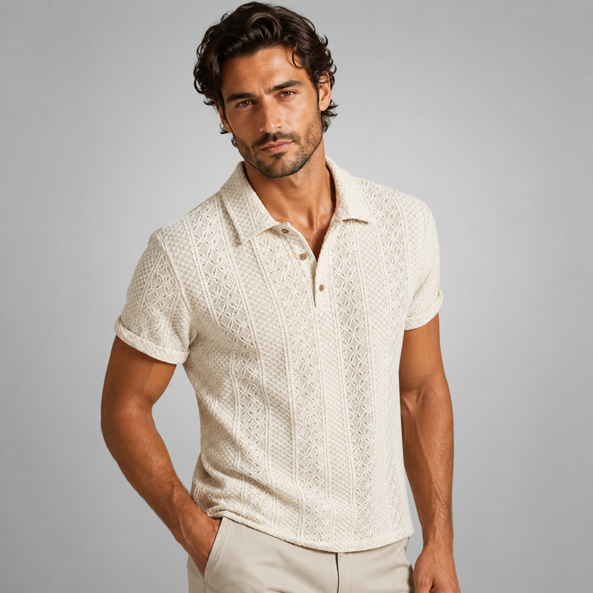 The Havencrest Men’s Jacquard Textured Casual Knitted Polo Shirt