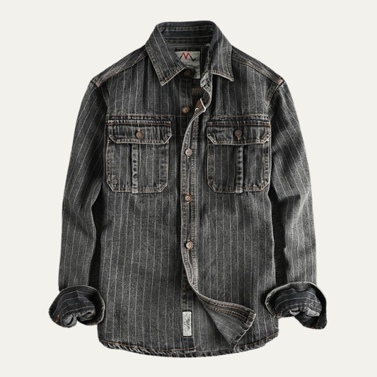 The Oakcrest Men’s Vintage Washed Vertical Stripe Denim Shirt Jacket – Dark Blue