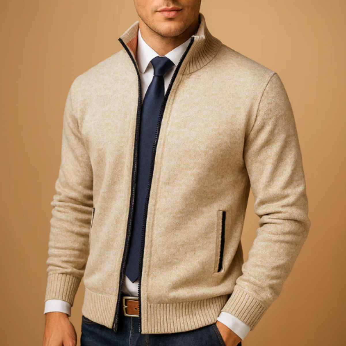 The Glenwood Men’s Classic Knitted Zip Cardigan with Stand Collar
