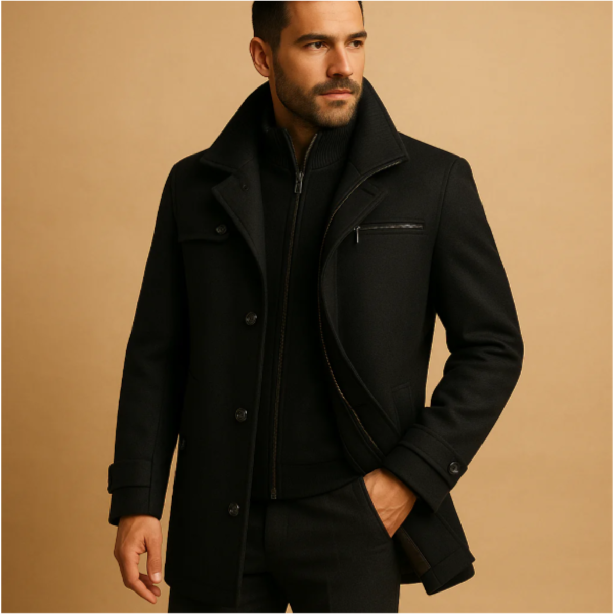 The Windermere Men’s Smart Wool Blend Jacket with Zipper and Button Closure