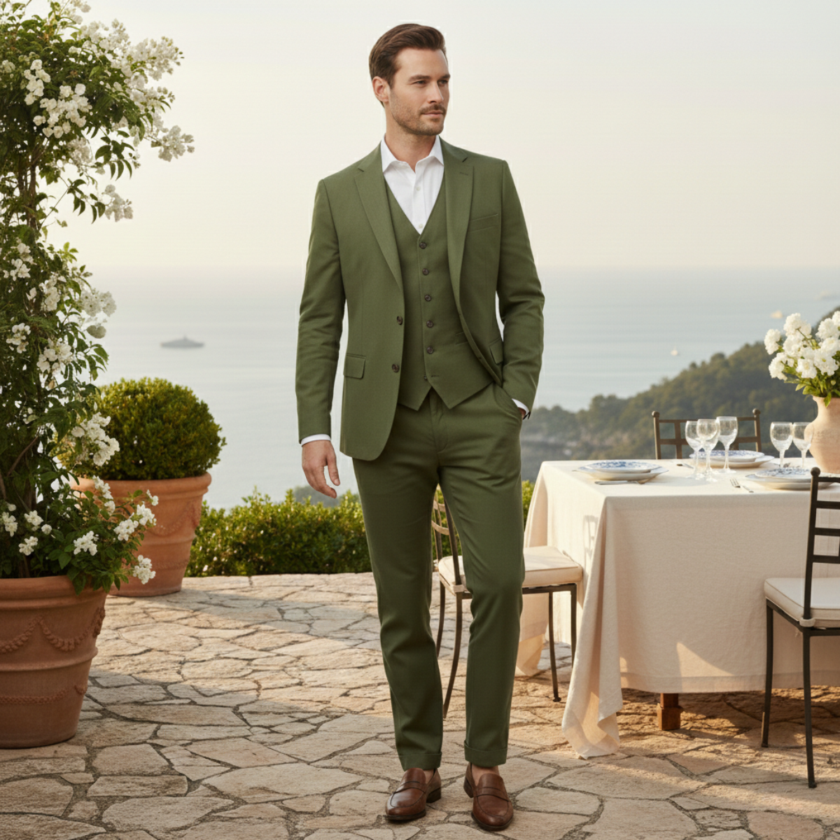 The Davos Men’s Luxury Linen 3 Piece Suit – Jacket, Vest & Pants