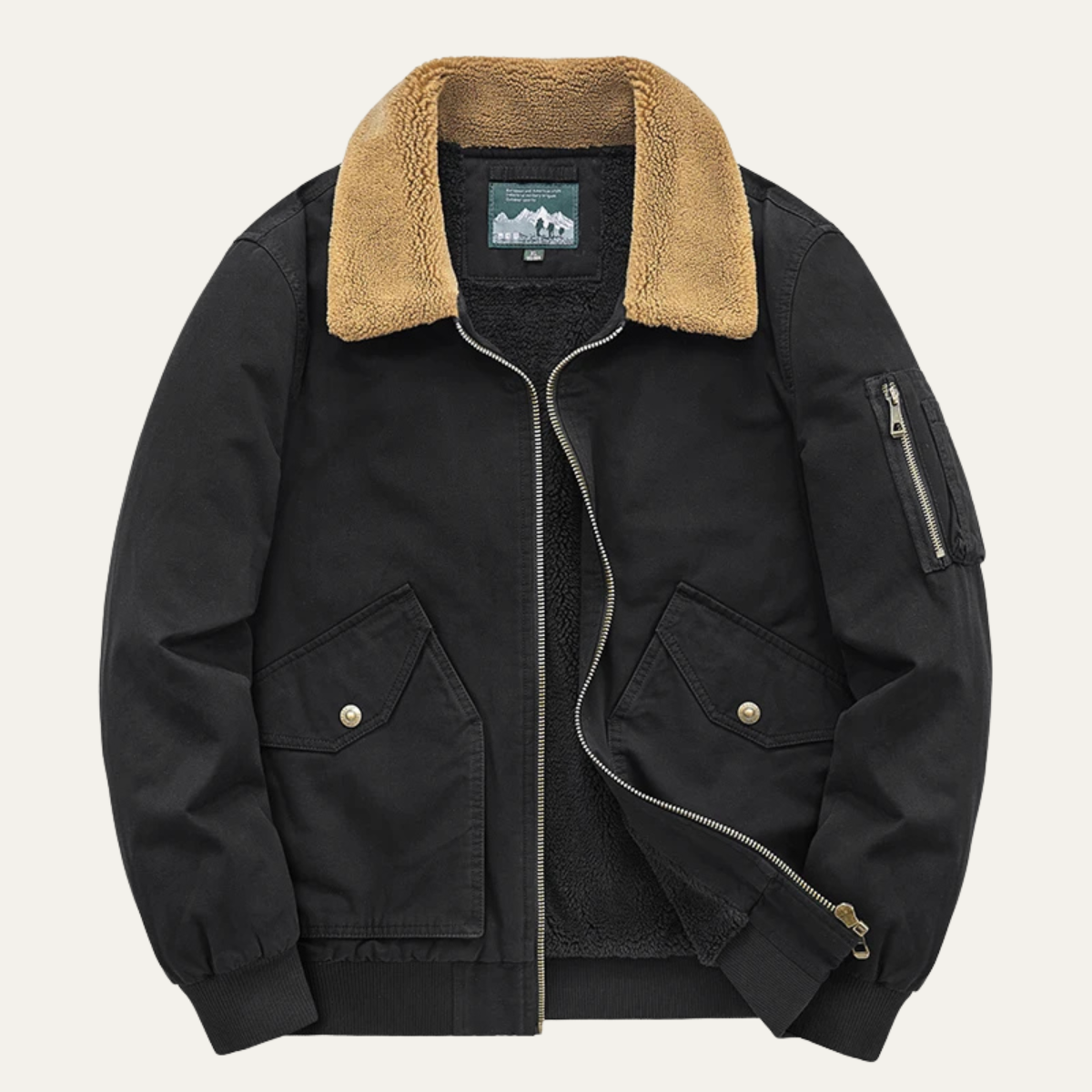 Men's Sherpa Lined Bomber Jacket Black Tan Collar