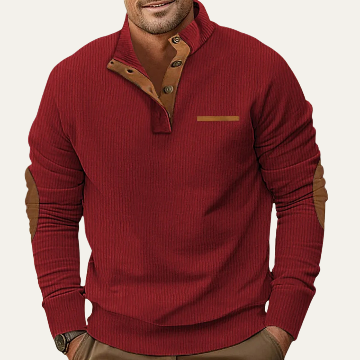The Glencrest Men’s Vintage Corduroy Button Neck Sweater with Patch Details