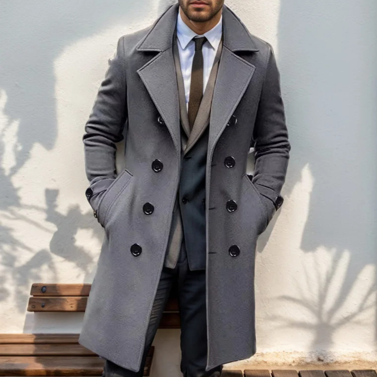 Men's Double Breasted Wool Coat Gray Long