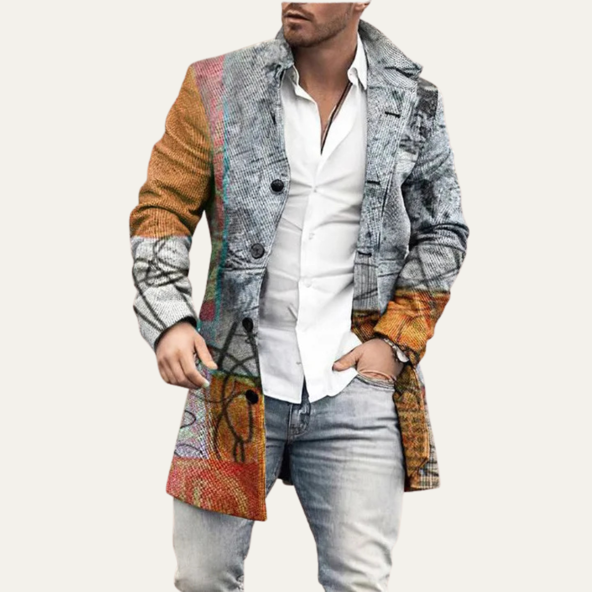 The Glenhaven Men's Colourful Patchwork Geometric Long Jacket with Pockets