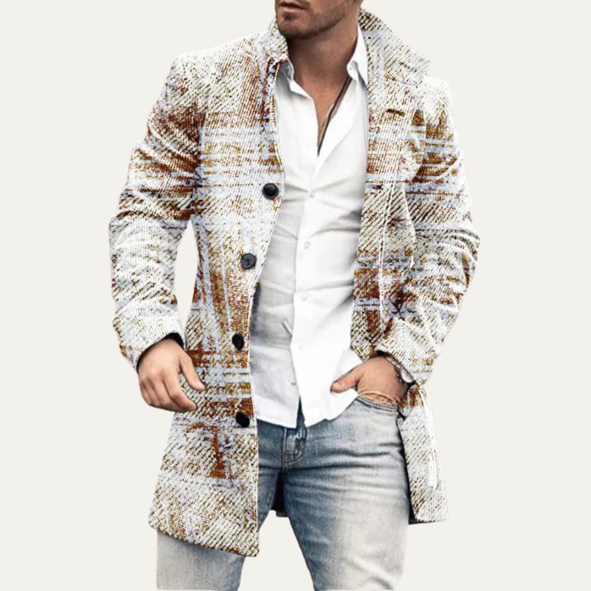 The Glenhaven Men's Colourful Patchwork Geometric Long Jacket with Pockets