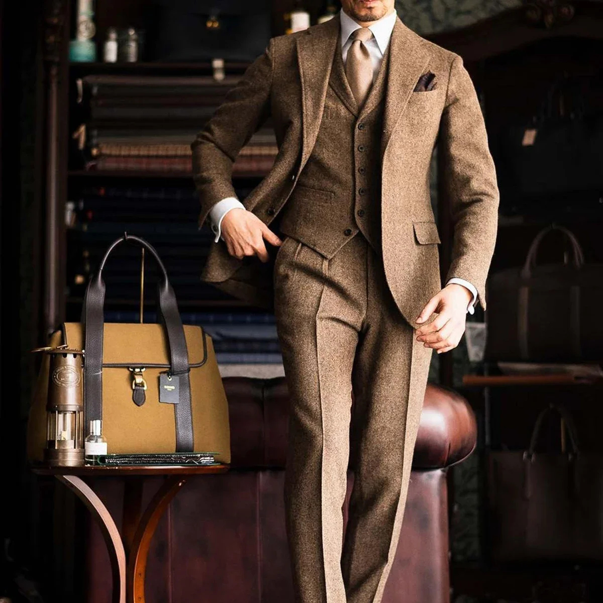 The Grignano Men’s Brown Herringbone Tweed 3 Piece Suit – Jacket, Vest & Pants