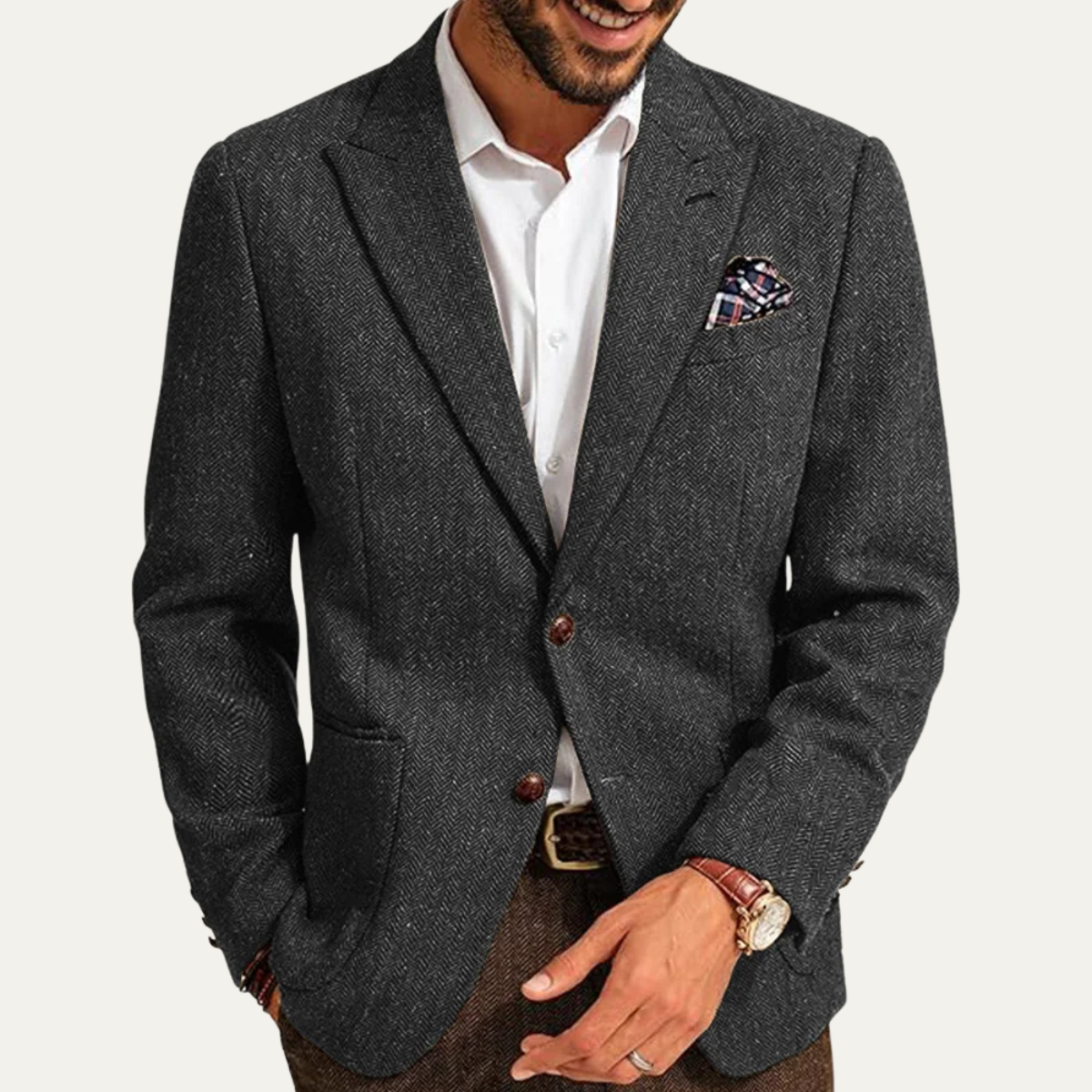 The Domaso Men’s Business Herringbone Single Breasted Wool Tweed Blazer