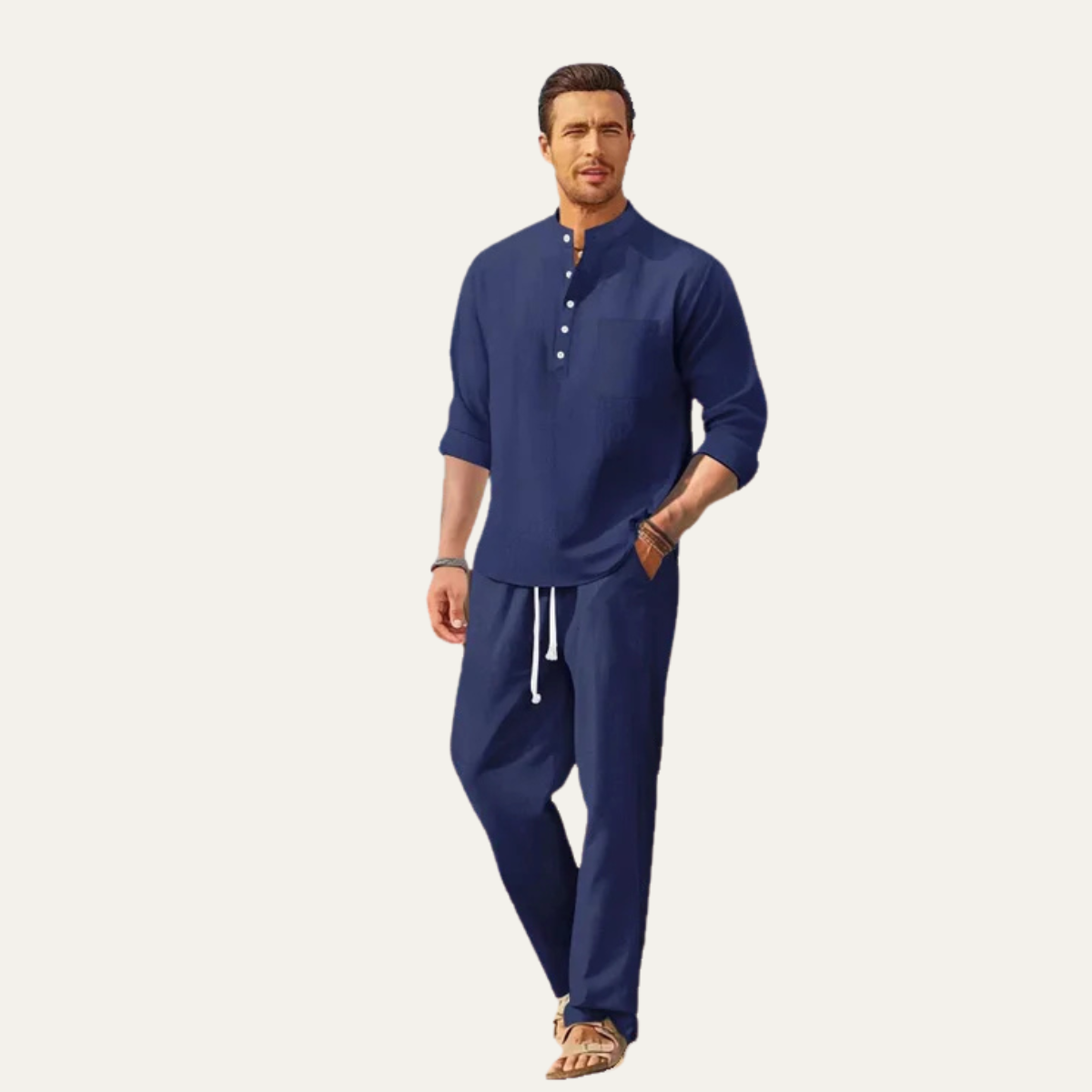 The Versailles Men’s Casual Long Sleeve Shirt & Relaxed Trousers – Lightweight Beach Outfit