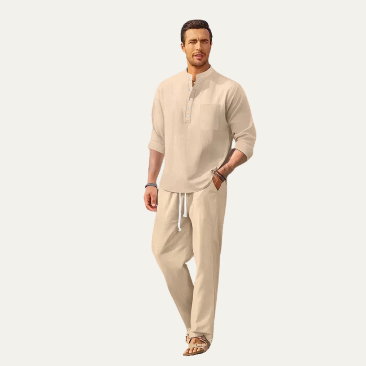 The Versailles Men’s Casual Long Sleeve Shirt & Relaxed Trousers – Lightweight Beach Outfit