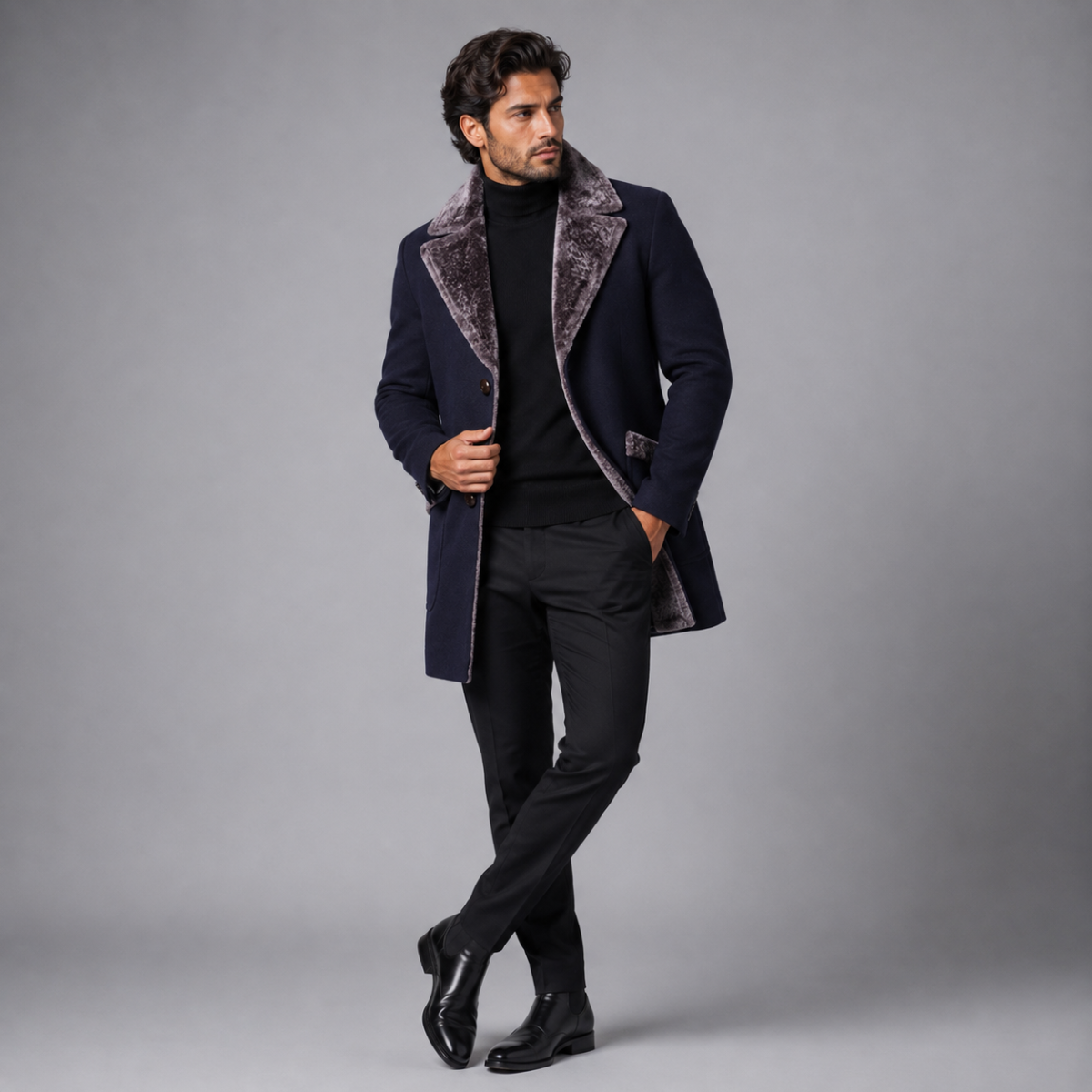 The Pinebrook Men’s Winter Slim Fit Long Jacket with Fur Lapel