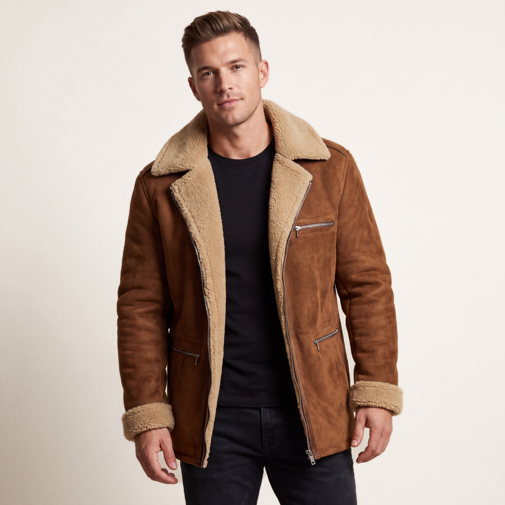 Men's Sherpa Lined Suede Jacket Brown