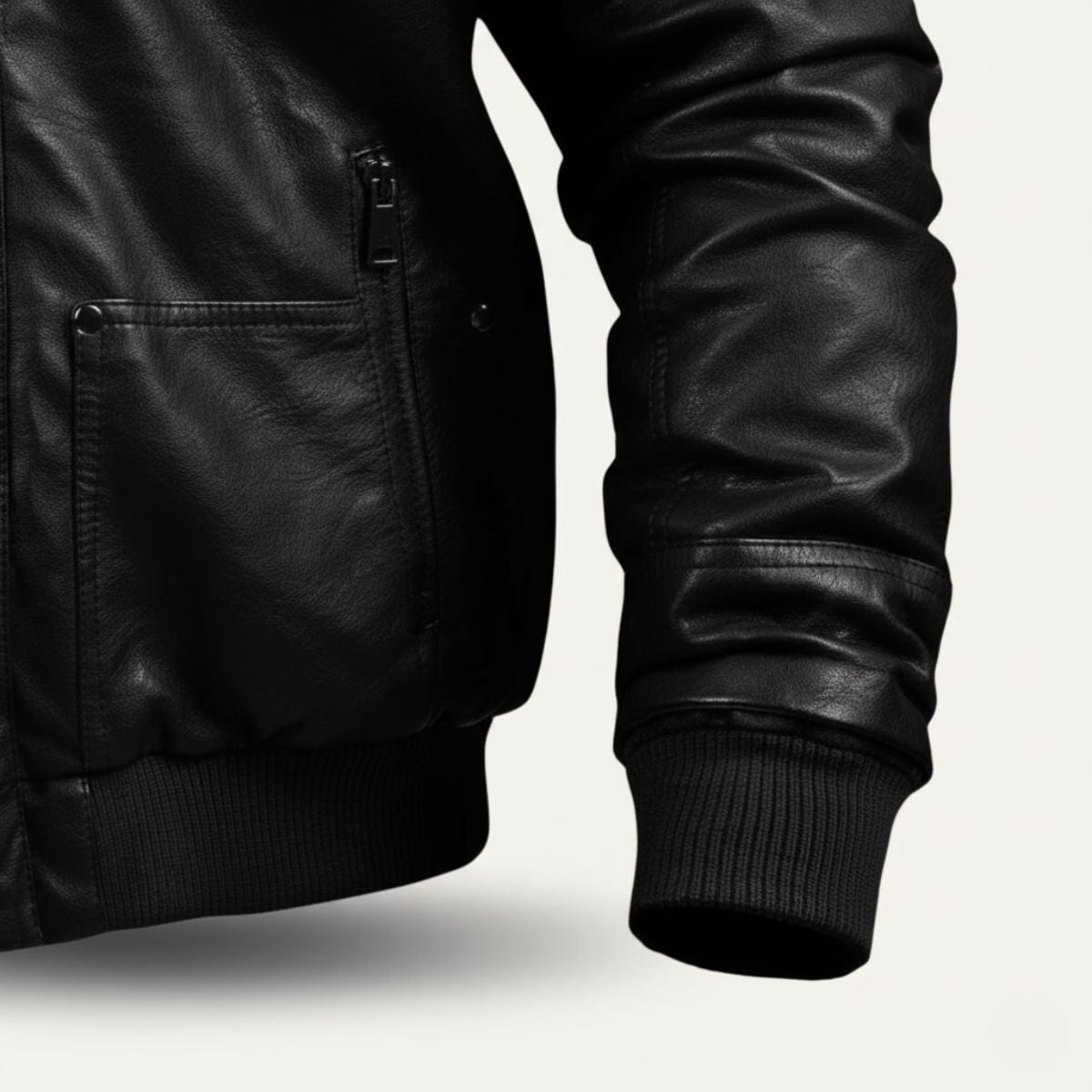 Men's Leather Jacket Black Hooded Bomber
