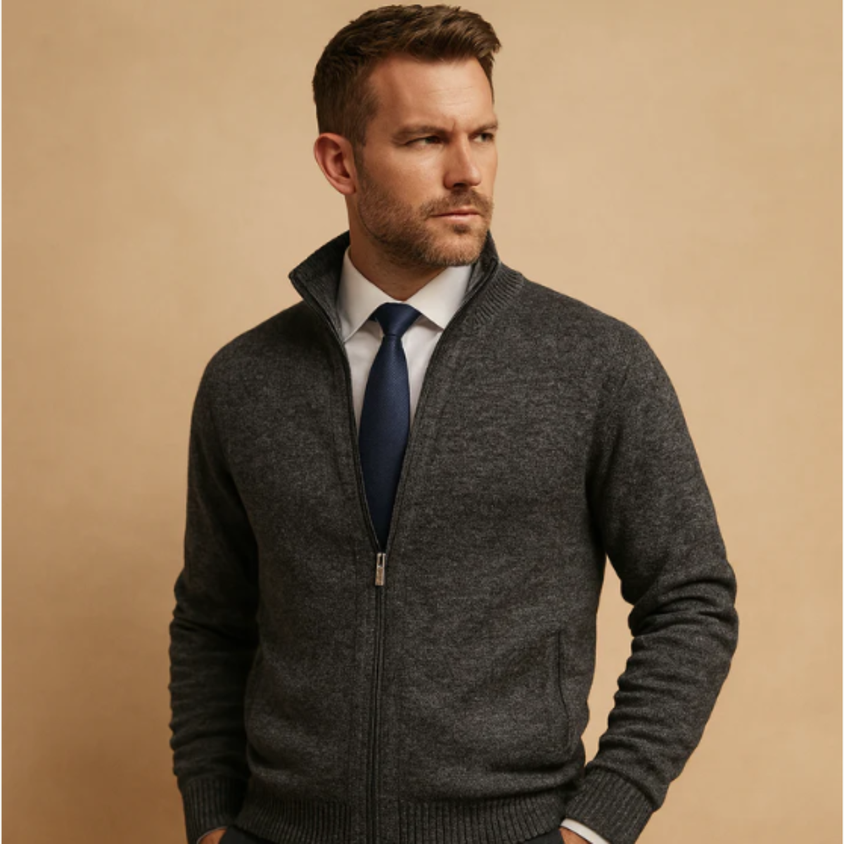 The Glenwood Men’s Classic Knitted Zip Cardigan with Stand Collar