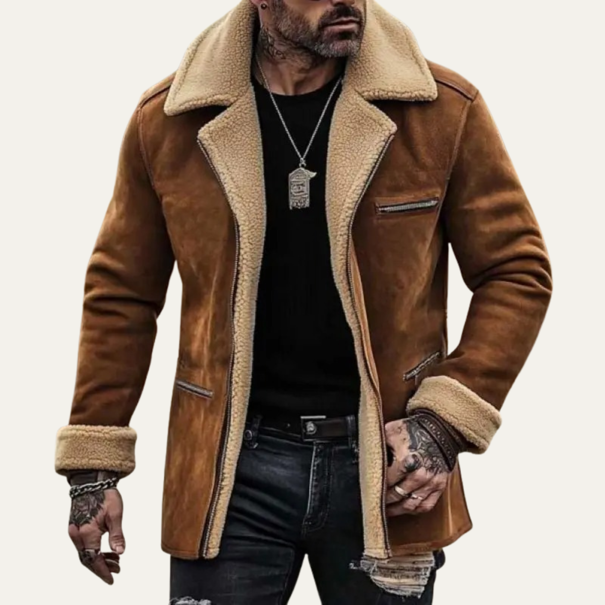 The Minori Men’s Vintage Suede Shearling Jacket with Zipper Pockets