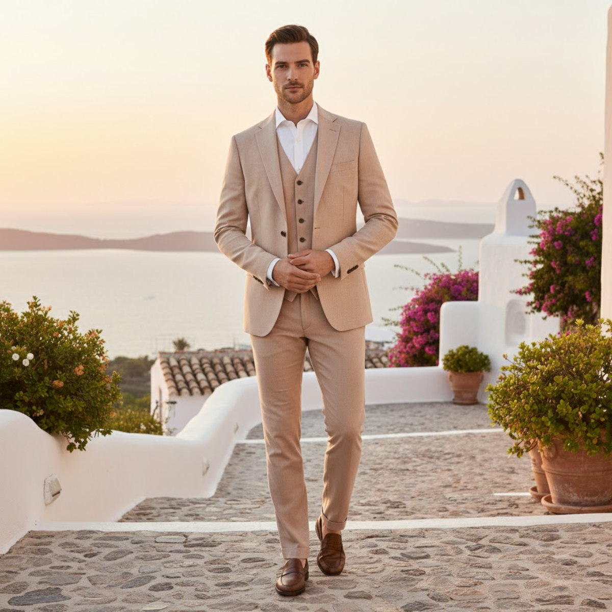 The Davos Men’s Luxury Linen 3 Piece Suit – Jacket, Vest & Pants