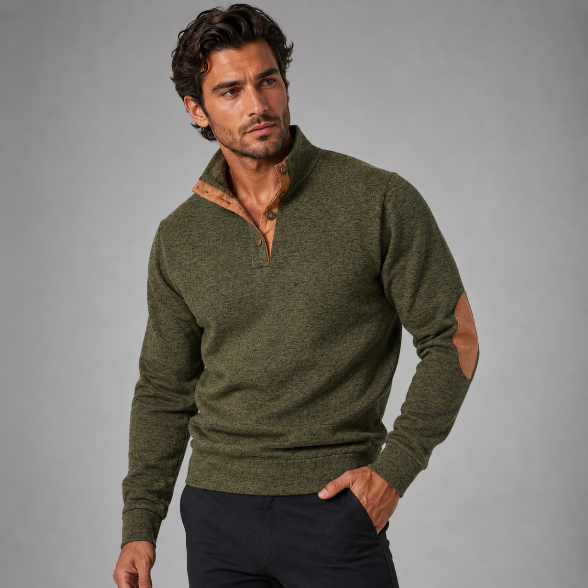 The Oakcrest Men's Stand Collar Fleece Sweater with Suede Elbow Patches