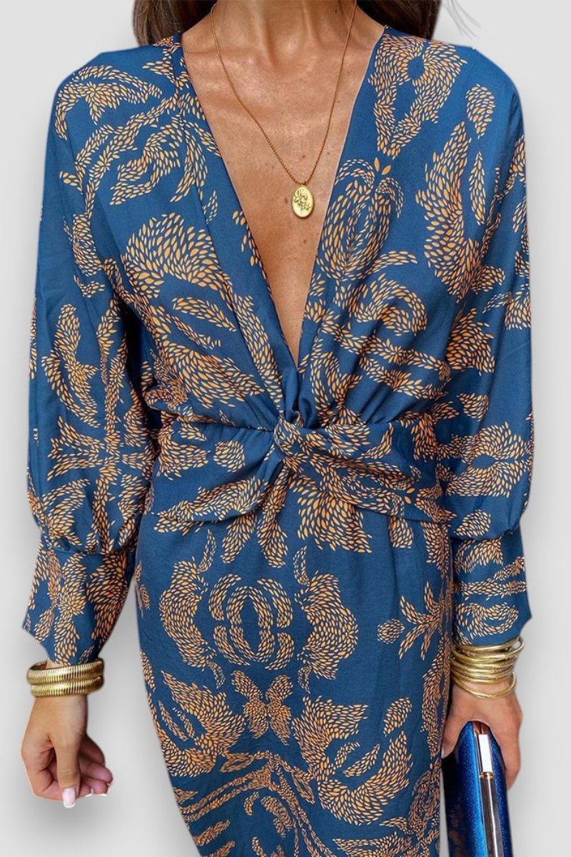 Women's Printed Midi Dress with Gathered Waist