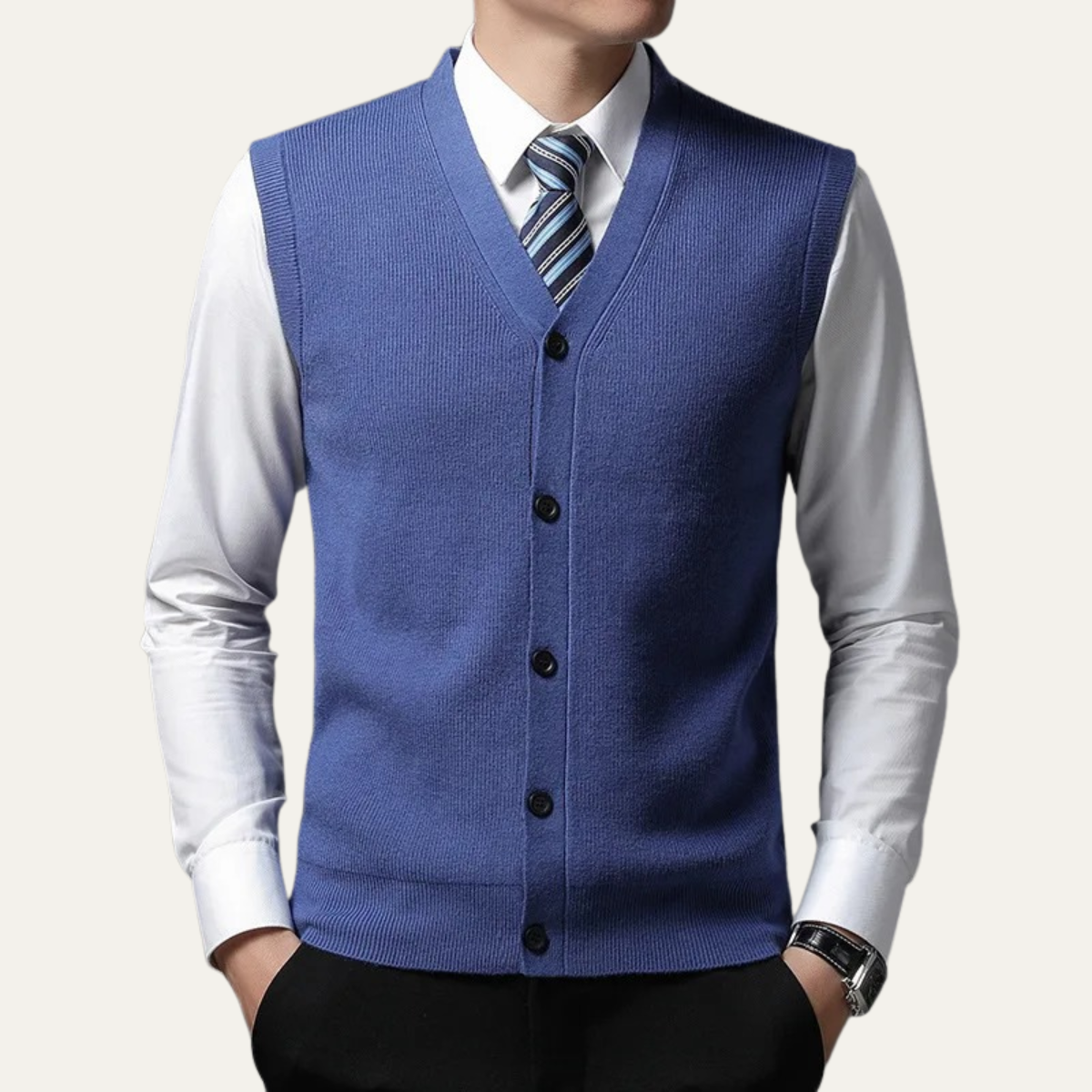Men's Sweater Vest Blue Button Up V Neck