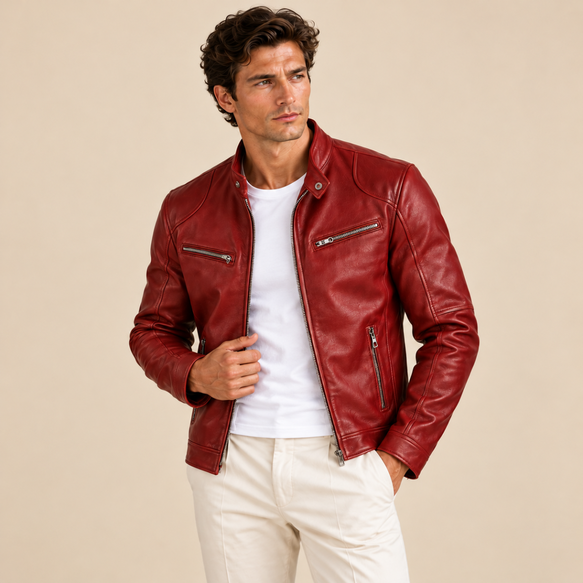 Men's Leather Jacket Burgundy Zip Up