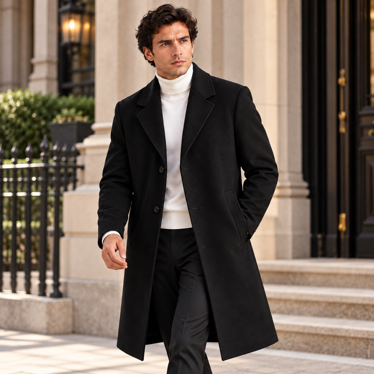 Men's Overcoat Black Wool Long Single Breasted
