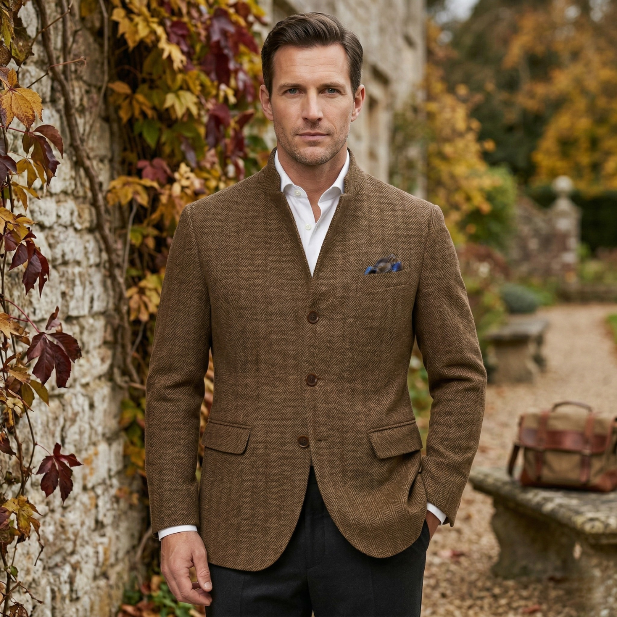 Men's Herringbone Wool Blazer Olive Green