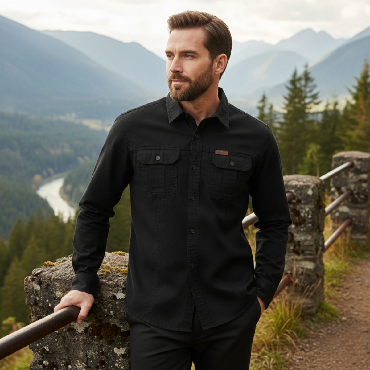 The Cedarfield Men’s Solid Color Multi Pocket Soft Cargo Cotton Shirt