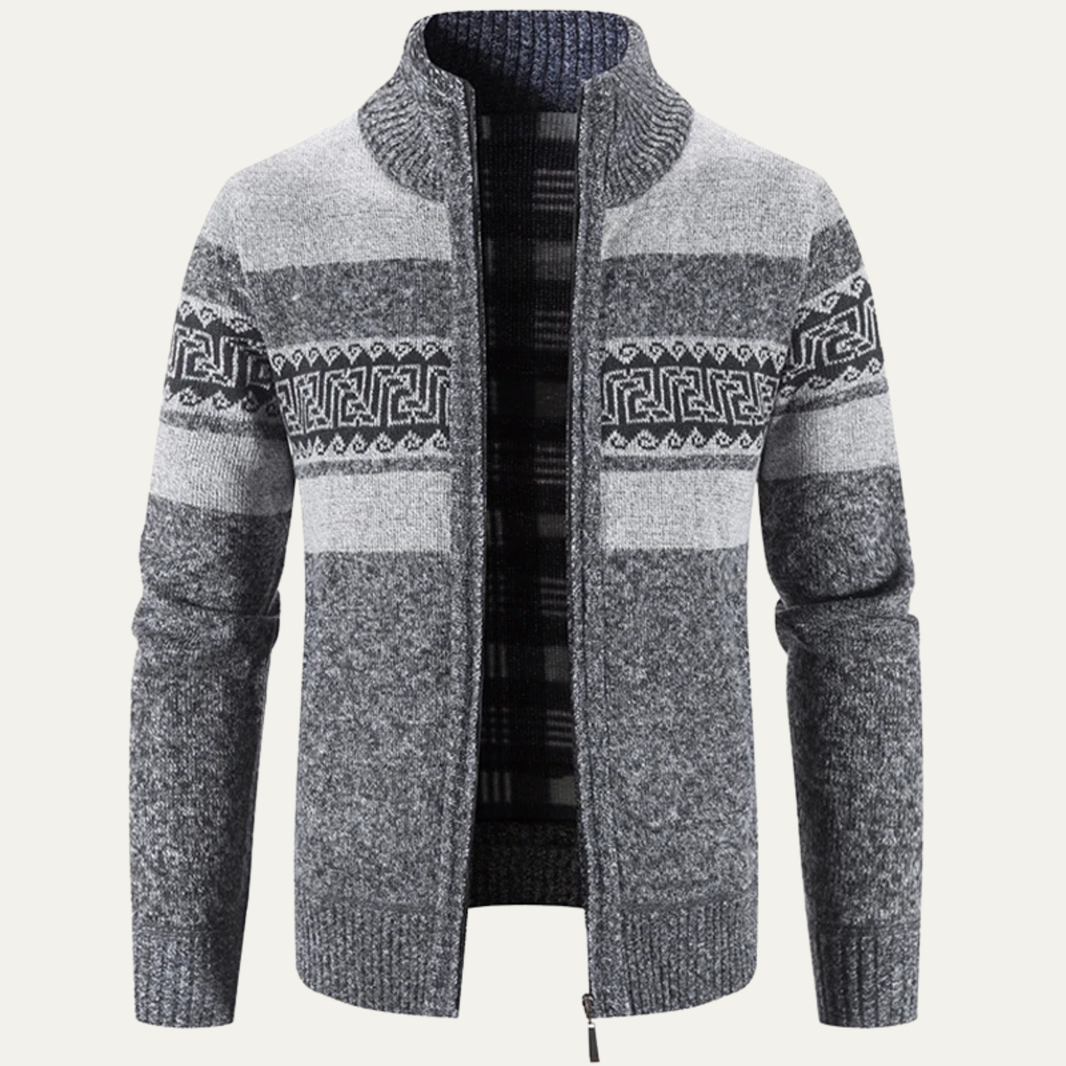 The Carovigno Men’s Knitted Zip Cardigan with Patterned Design and Stand Collar
