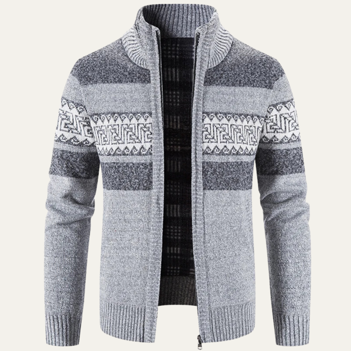 The Carovigno Men’s Knitted Zip Cardigan with Patterned Design and Stand Collar