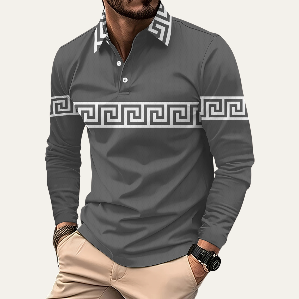 The Ortisei Men’s Greek Key Print Casual Slim Fit Polo Shirt