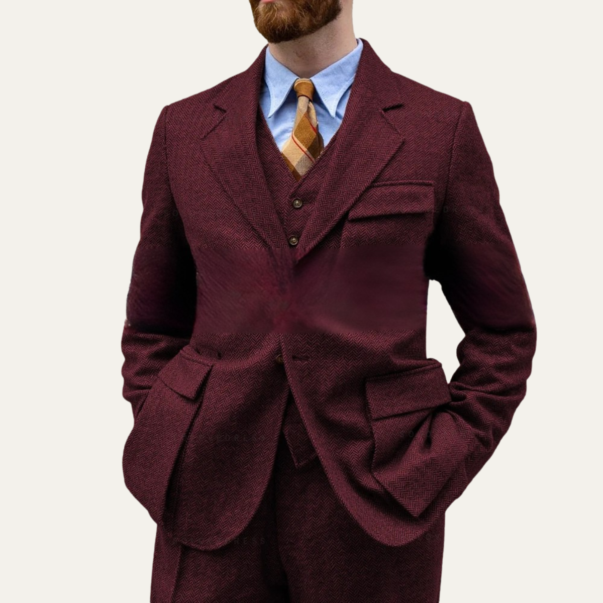 The Como Men’s Smart 3 Piece Tweed Suit – Herringbone Blazer, Waistcoat & Trousers