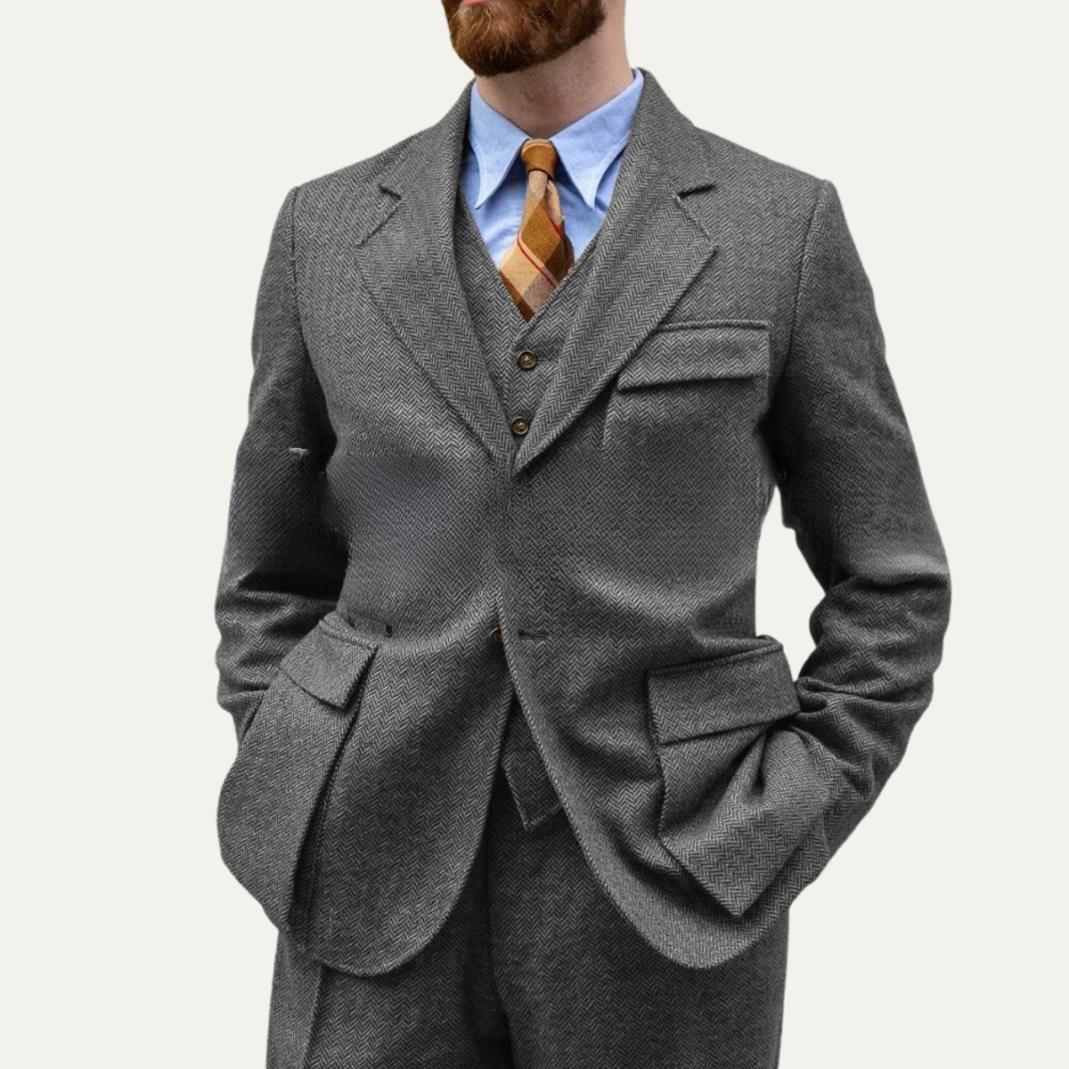 The Portofino Men’s Elegant 3 Piece Tweed Suit – Herringbone Blazer, Waistcoat & Trousers