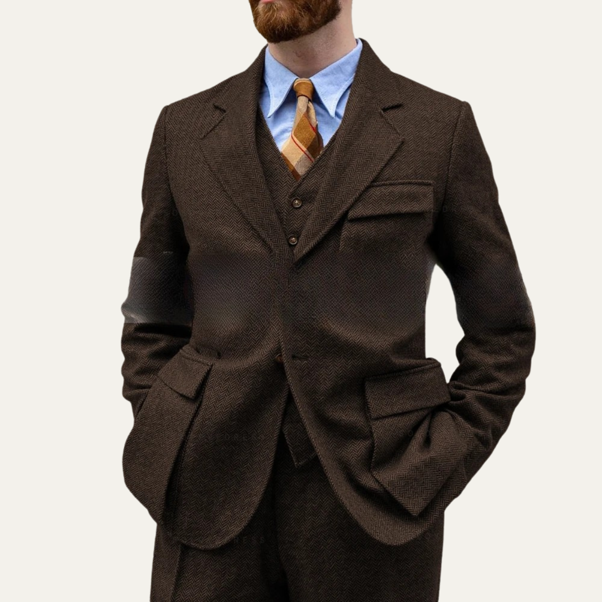 The Portofino Men’s Elegant 3 Piece Tweed Suit – Herringbone Blazer, Waistcoat & Trousers