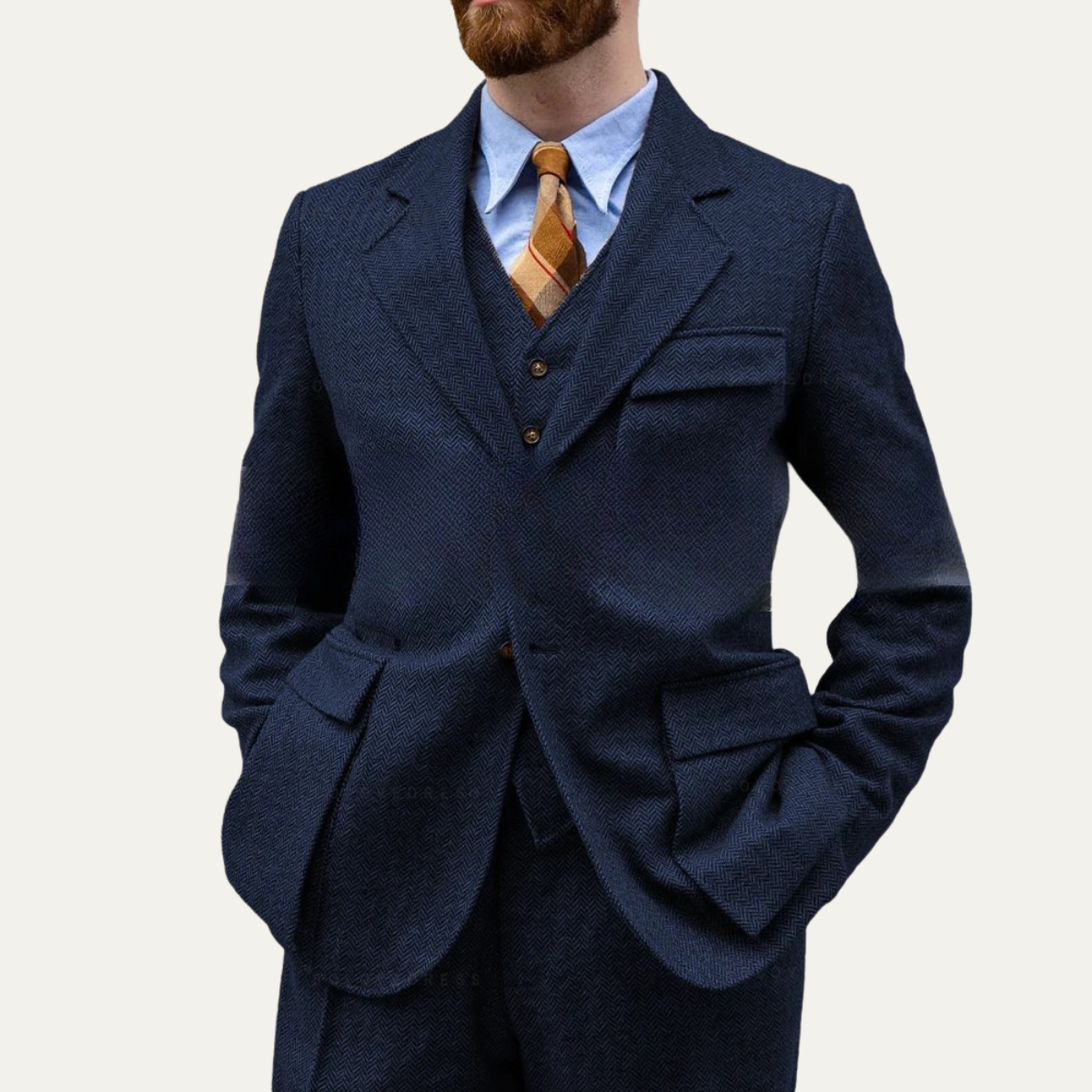 The Portofino Men’s Elegant 3 Piece Tweed Suit – Herringbone Blazer, Waistcoat & Trousers