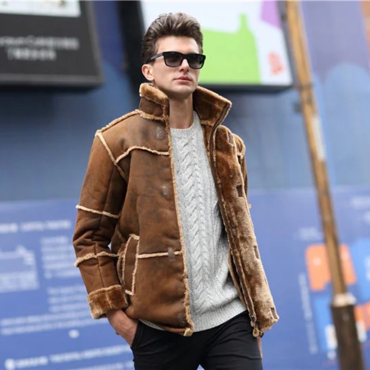 The Kingsley Men’s Shearling Suede Leather Coat – Winter Warm Jacket