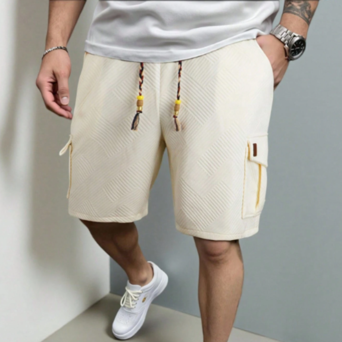 The Balmain Men’s Textured Casual Shorts Elastic Waist Drawstring Summer Shorts