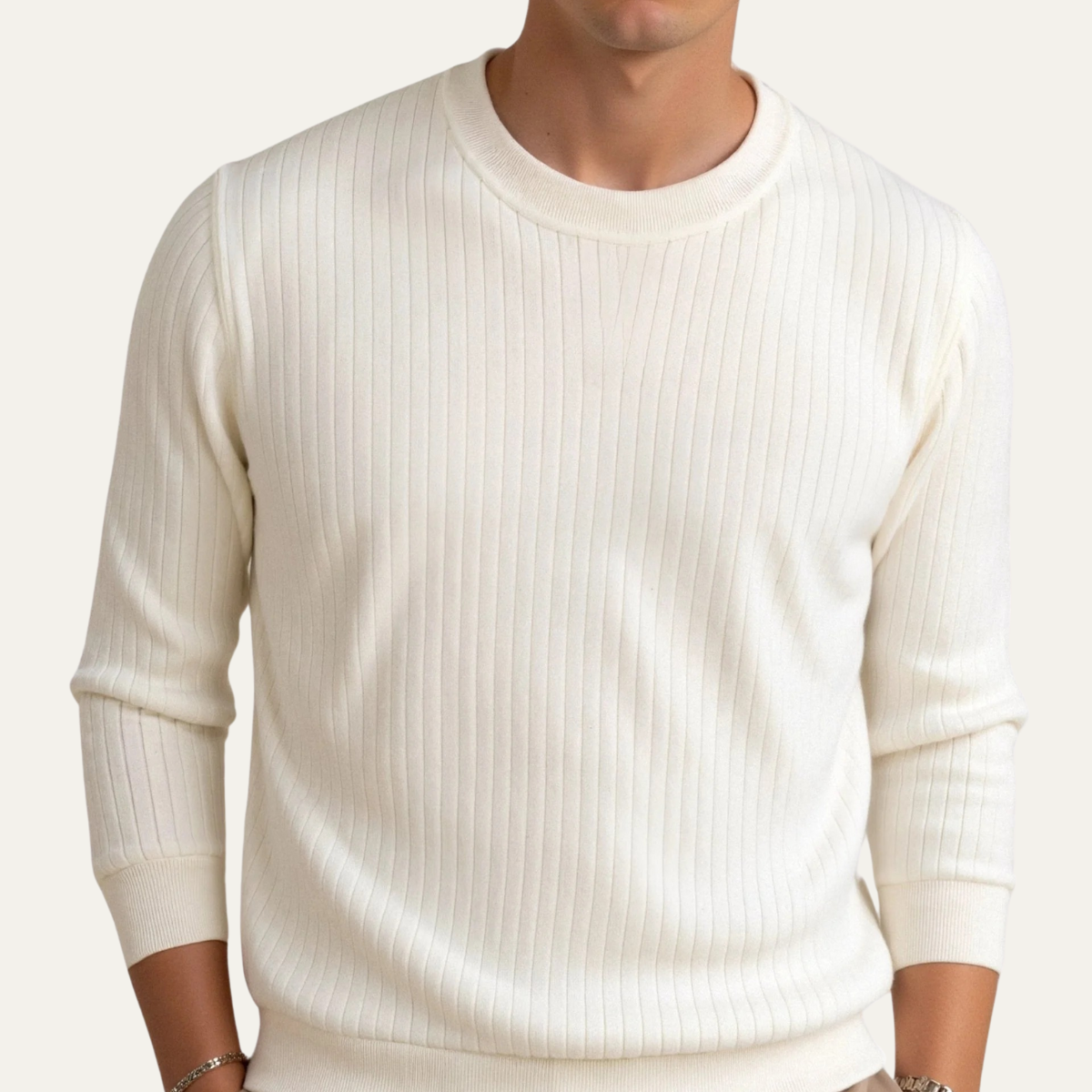 The Cookham Men's White Ribbed Crew Neck Sweater
