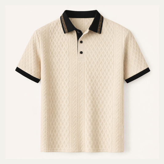 The Ashridge Hill Men’s Apricot Knitted Polo Shirt with Rib Knit Details