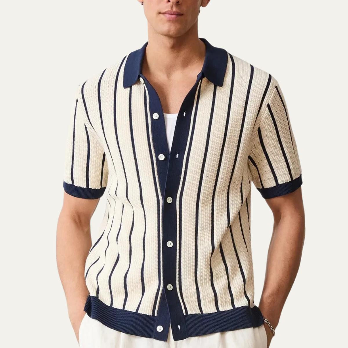 The Sassicaia Men’s Striped Knit Button Up Cardigan Polo Shirt