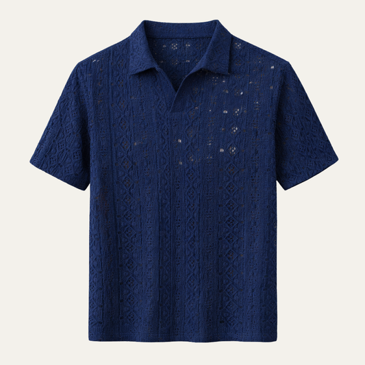 The Brookstone Men’s Crochet Knit Short Sleeve Polo Shirt – Navy Blue