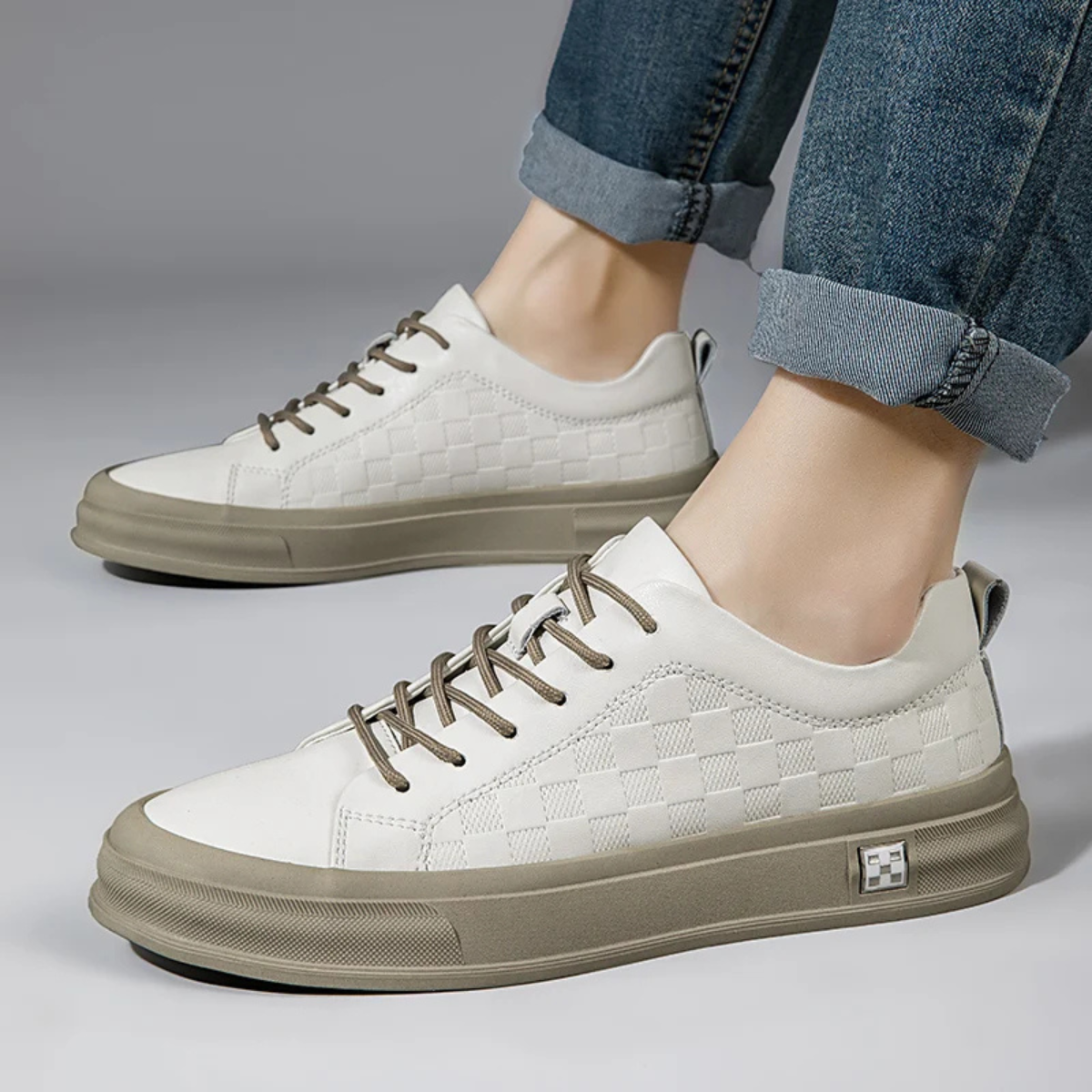 The Seville Men’s Checkerboard Low Top Sneakers with Beige Sole