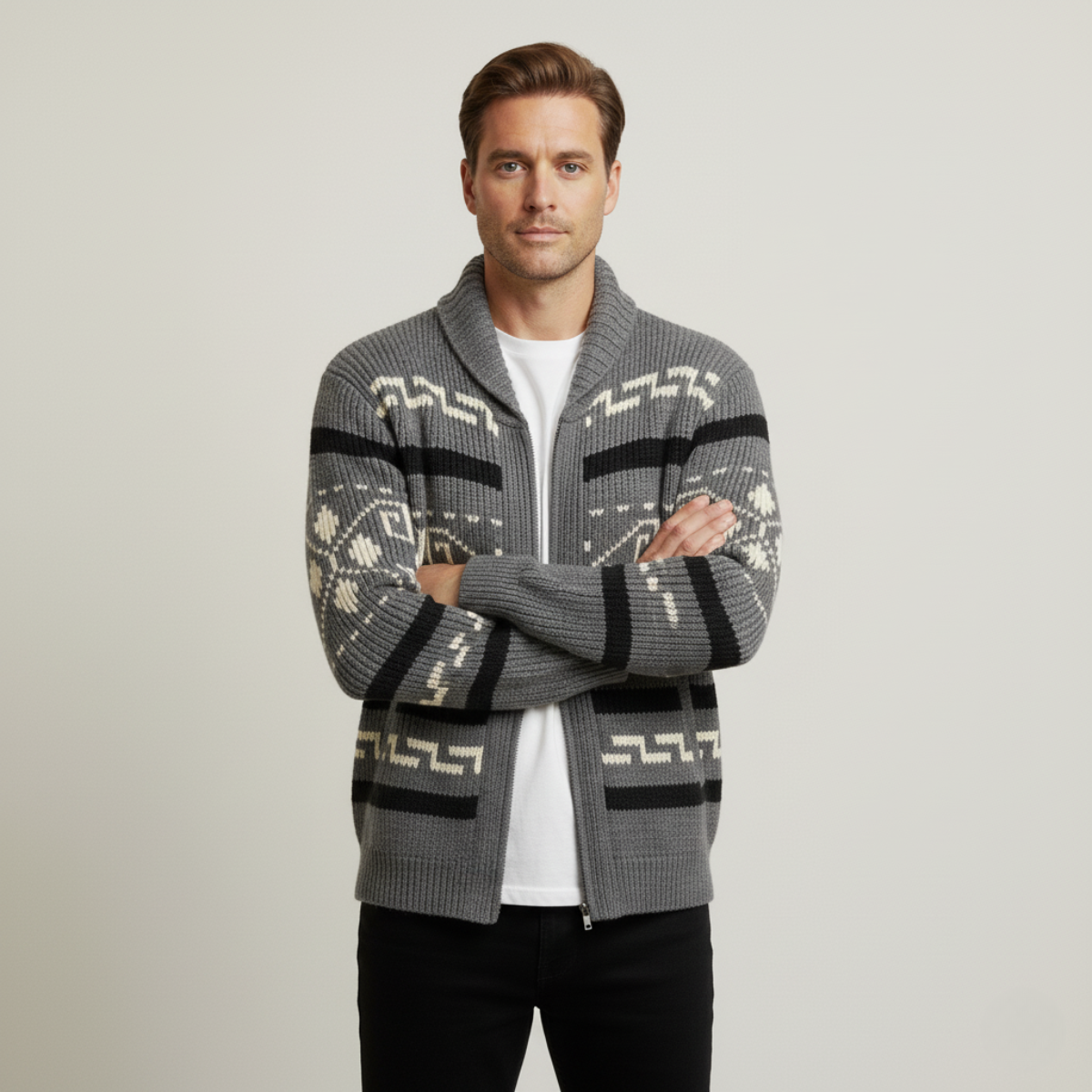 The Corvara Men’s Winter Shawl Collar Cardigan with Aztec Pattern