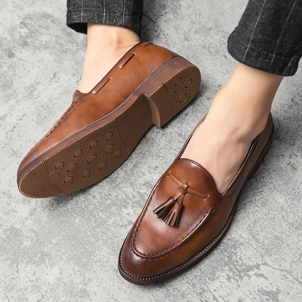 The Hawthorne Park Men’s Pointed Toe Tassel Faux Leather Slip On Loafers