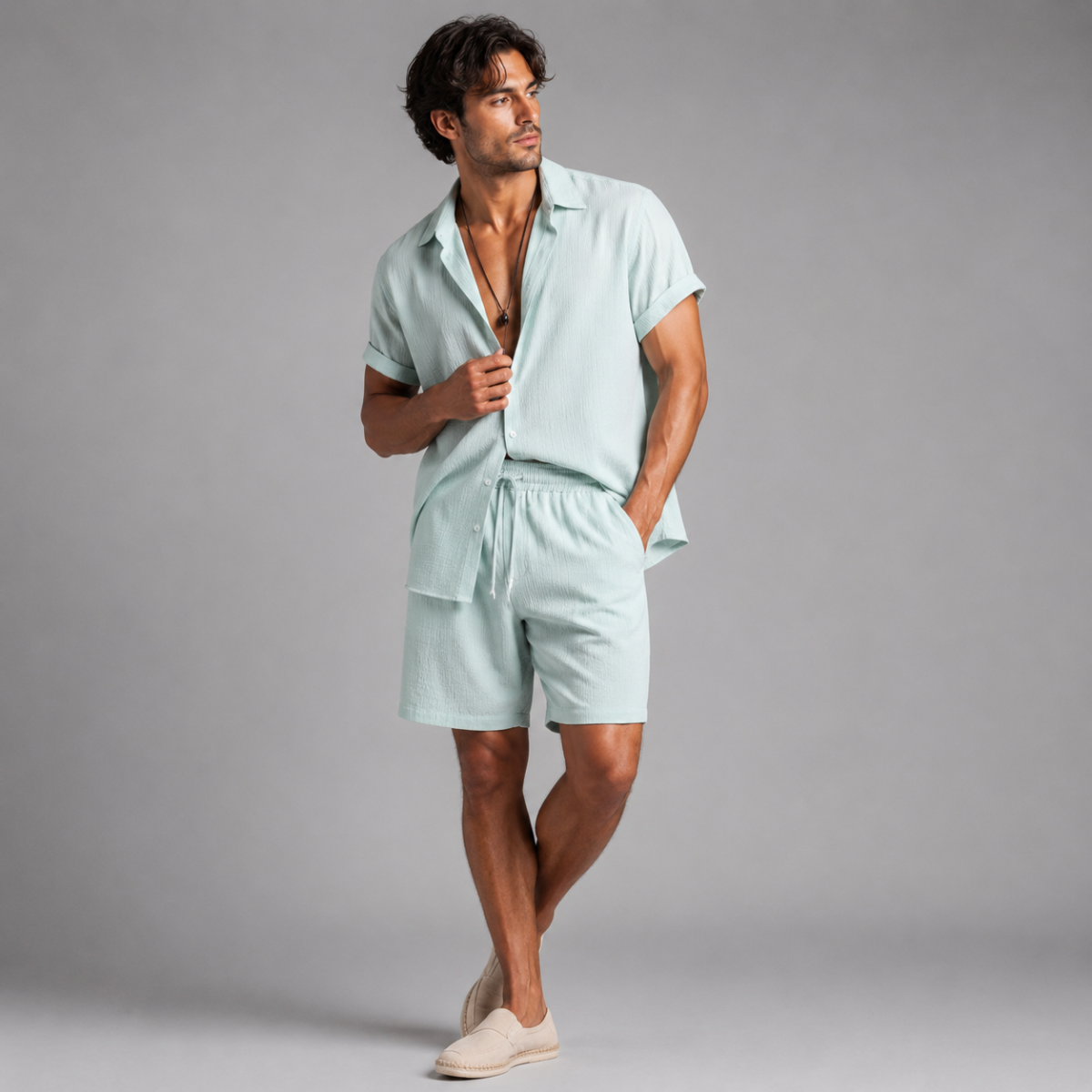 The Pinefield Men’s Summer Co Ord Set – Button Up Shirt & Drawstring Shorts
