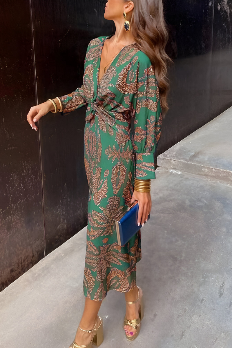 Women's Printed Midi Dress with Gathered Waist