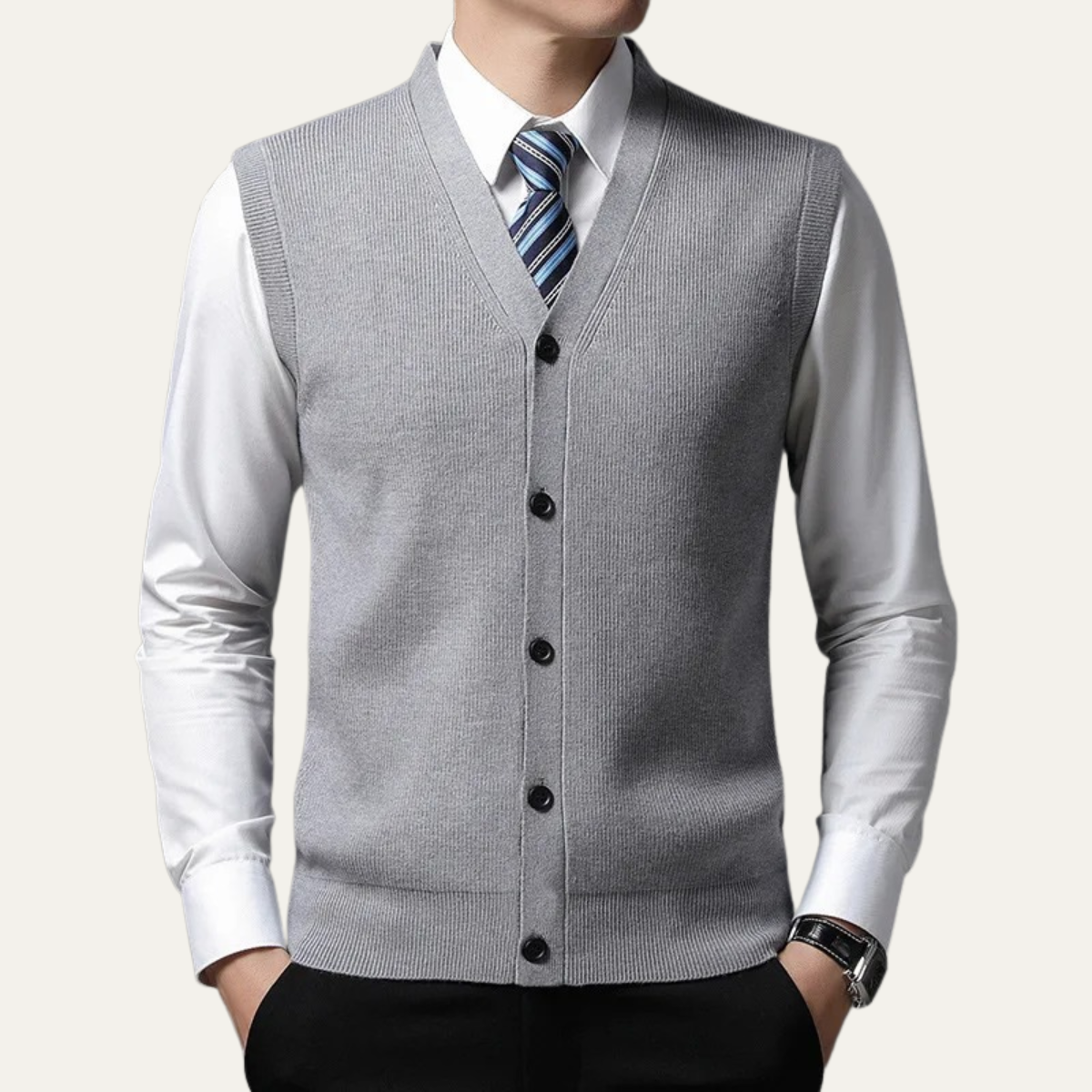 Men's Sweater Vest Blue Button Up V Neck
