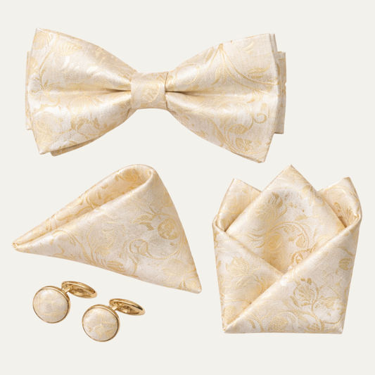 The Ashbury Men’s Bow Tie with Pocket Square & Cufflinks Set – Gold Paisley